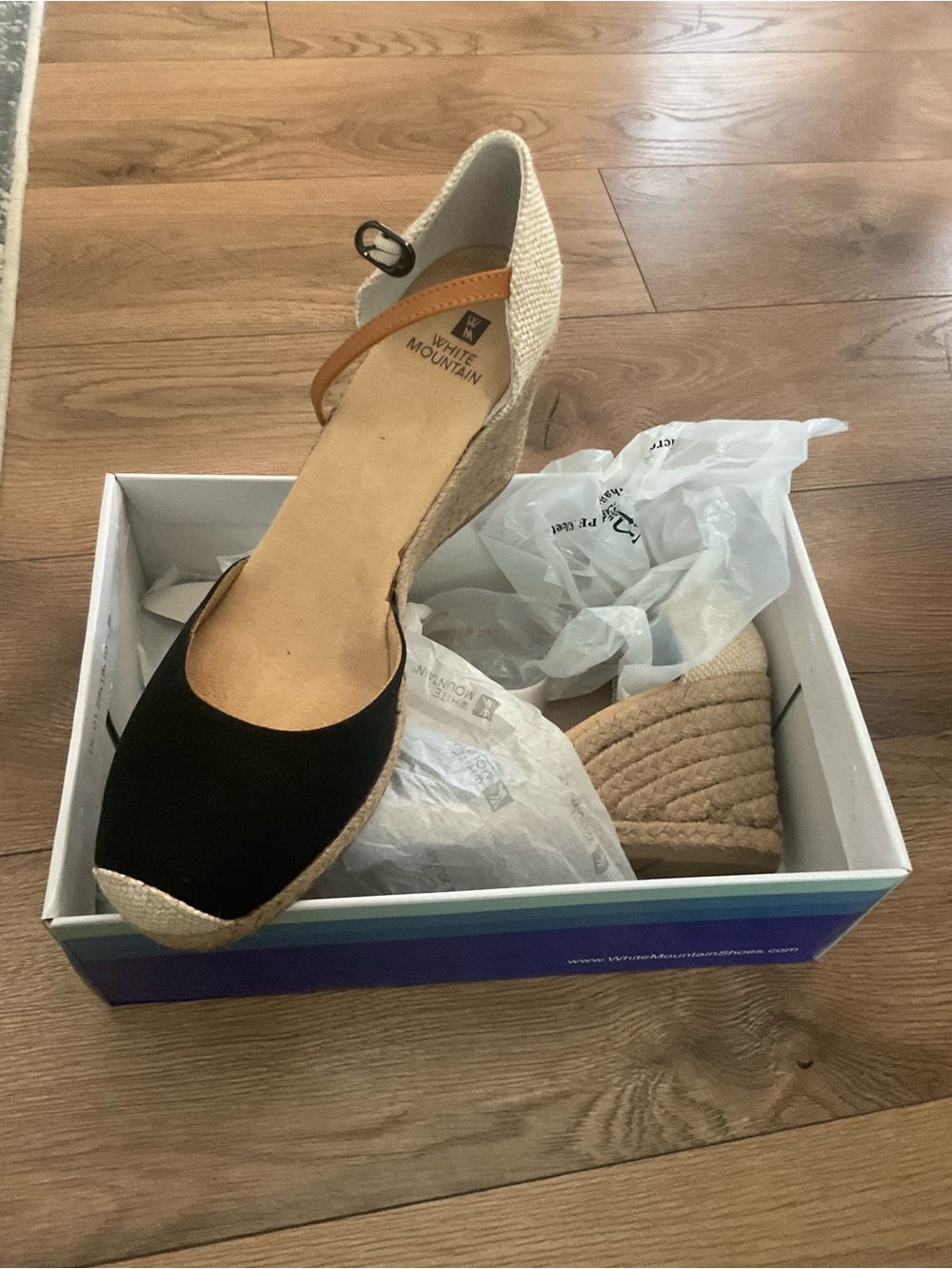 White Mountain Black and Tan Espadrille Wedge Sandals